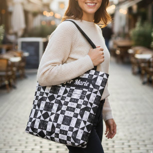 Tote Bag Fleurs Modernes Damier Noir & Blanc Nom Personnali
