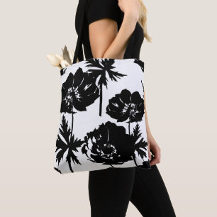 Tote Bag Fleurs noires, blanc, Monochrome