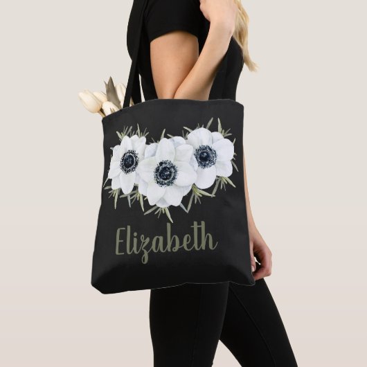 Tote Bag Fleurs noires et blanches avec nom (De près)