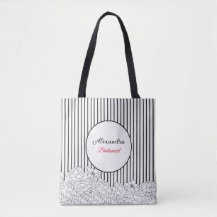 Tote Bag Fleurs noires et blanches avec stries Bridesmaid