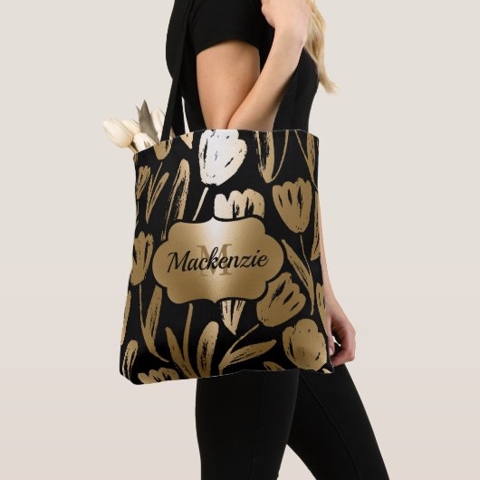 Tote Bag Fleurs noires et dorées (De près)