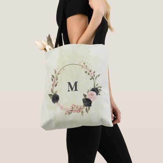 Tote Bag fleurs noires rose (De près)
