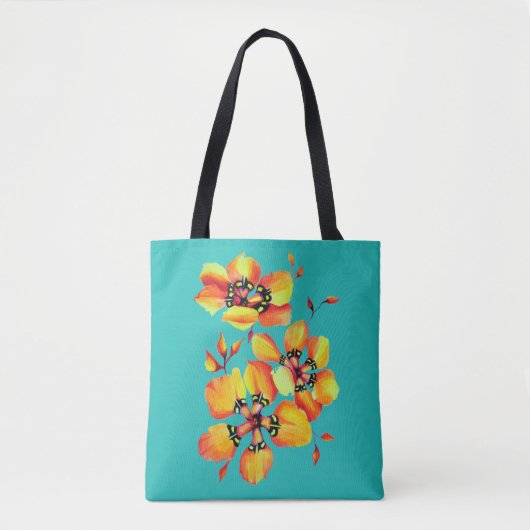 Tote Bag Fleurs Orange Lumineuses - Aqua (Devant)