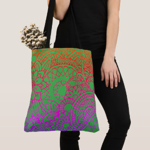 Tote Bag Fleurs orange violet et fond vert clair