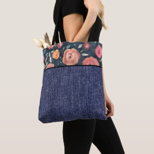 Tote Bag Fleurs oranges et roses et denim