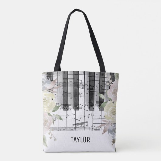 Tote Bag fleurs pâles notes de musique piano (Dos)
