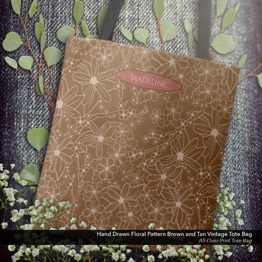 Tote Bag Fleurs Pays Main Tirée Motif Rustique Brown