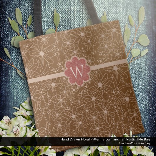 Tote Bag Fleurs Pays Main Tirée Motif Rustique Brown