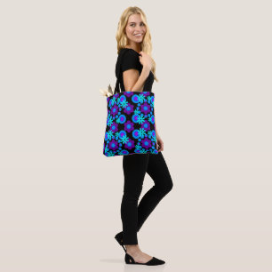 Tote Bag Fleurs Perles Donuts bleu turquoise pourpre noir