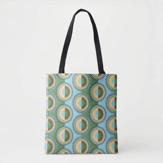 Tote Bag Fleurs pliées : motif rétro bleu-vert. (Devant)
