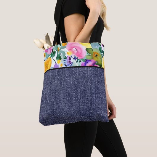 Tote Bag Fleurs printanières et denim (De près)