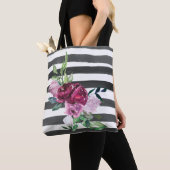 Tote Bag Fleurs rayées noir et blanc (De près)
