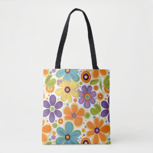 Tote Bag Fleurs rétro Lilac orange et vert