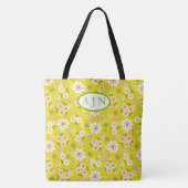 Tote Bag Fleurs Rétro Mod Jaune & Blanc Monogramme (Devant)