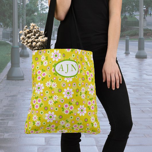 Tote Bag Fleurs Rétro Mod Jaune & Blanc Monogramme