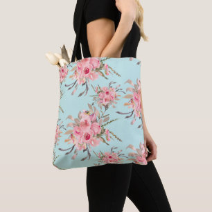 Tote Bag Fleurs rose pâle sur bleu clair