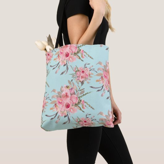 Tote Bag Fleurs rose pâle sur bleu clair (De près)