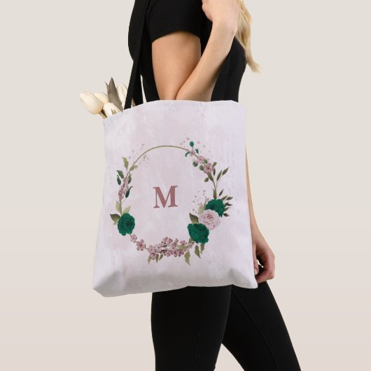 Tote Bag fleurs rose vert émeraude (De près)