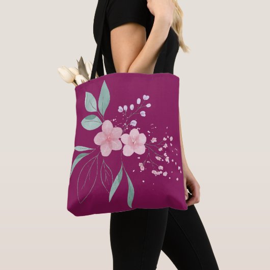 Tote Bag Fleurs roses avec feuilles verts (De près)