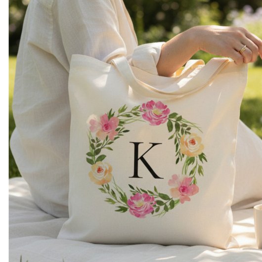 Tote Bag Fleurs roses avec monogramme 