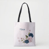Tote Bag fleurs roses bleu marine  (Devant)