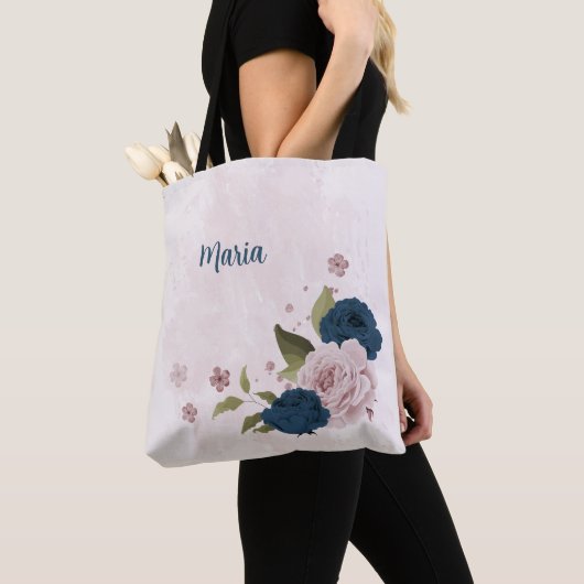 Tote Bag fleurs roses bleu marine  (De près)