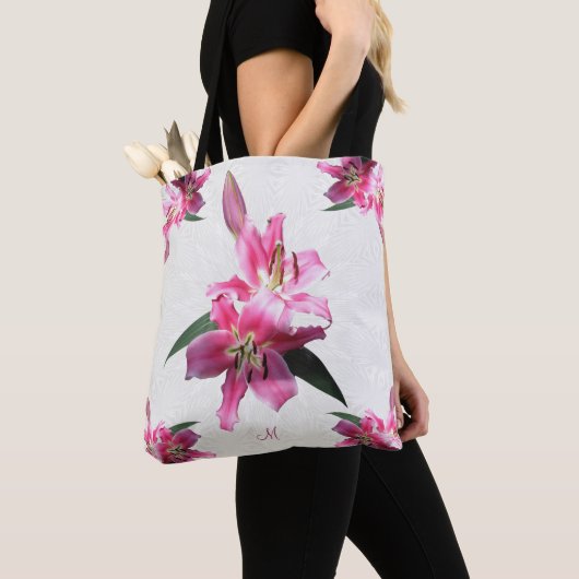 Tote Bag Fleurs roses de lis de Fourre-tout d'épaule faite (De près)