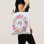 Tote Bag Fleurs roses du jardin Wreath Monogramme (De près)