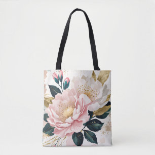 Tote Bag Fleurs roses et blanches modernes Feuillage vert e