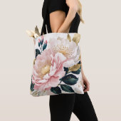 Tote Bag Fleurs roses et blanches modernes Feuillage vert e (De près)
