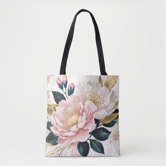 Tote Bag Fleurs roses et blanches modernes Foliage vert et  (Devant)