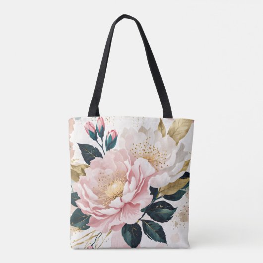 Tote Bag Fleurs roses et blanches modernes Foliage vert et  (Dos)