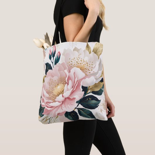 Tote Bag Fleurs roses et blanches modernes Foliage vert et  (De près)