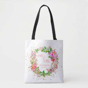 Tote Bag Fleurs roses et papillon de printemps en aquarelle