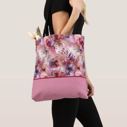 Tote Bag Fleurs roses et violettes Bloc de couleur d'encre (De près)