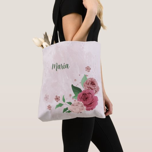 Tote Bag fleurs roses feuilles vertes (De près)