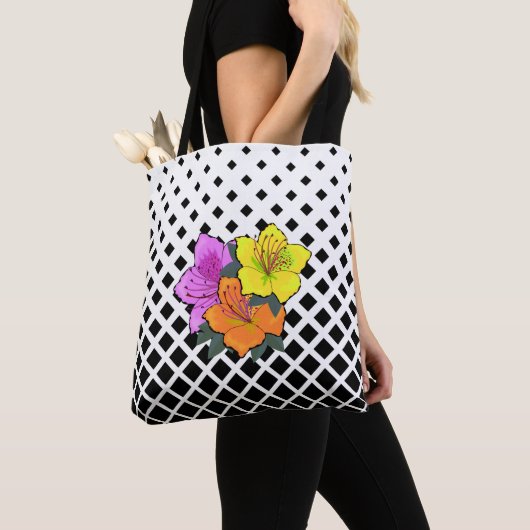 Tote Bag Fleurs roses jaunes orange sur Graphisme blanc noi (De près)