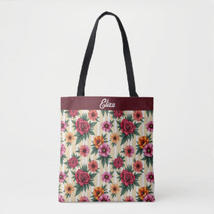 Tote Bag Fleurs roses rouges et or sur bandes tan