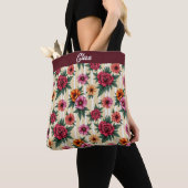 Tote Bag Fleurs roses rouges et or sur bandes tan (De près)