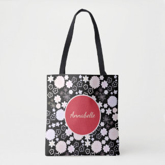 Tote Bag Fleurs Rouge Noir Motif Floral Personnalisé Nommé