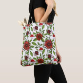 Tote Bag Fleurs rouges abstraites et feuilles verts sur fon (De près)