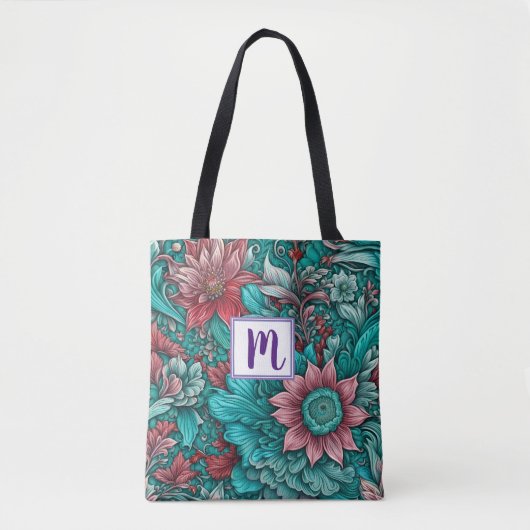 Tote Bag Fleurs rouges bleues Monogrammes (Devant)
