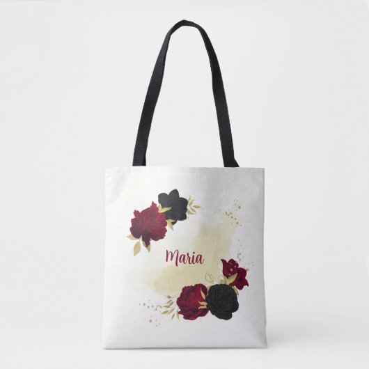 Tote Bag fleurs rouges noires or feuilles (Devant)