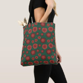 Tote Bag Fleurs rouges sur fond vert (De près)