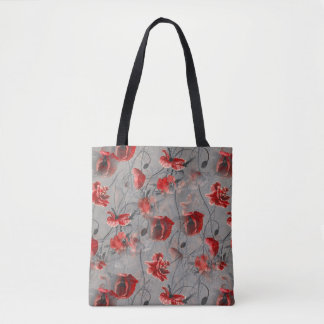 Tote Bag Fleurs rouges sur Gris foncé, Pépites rouges à pap