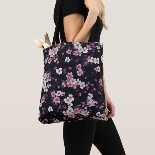 Tote Bag Fleurs Sakura Roses Noires, Design Motif, (De près)