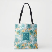 Tote Bag Fleurs sarcelle et jaune, monogramme en bloc de co (Devant)