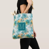 Tote Bag Fleurs sarcelle et jaune, monogramme en bloc de co (De près)