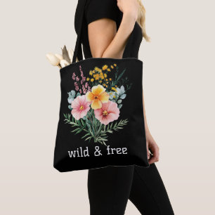 Tote Bag Fleurs sauvages aquarelle rose jaune sauvage et li