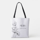 Tote Bag Fleurs sauvages art linéaire monogramme simple nom (Dos)